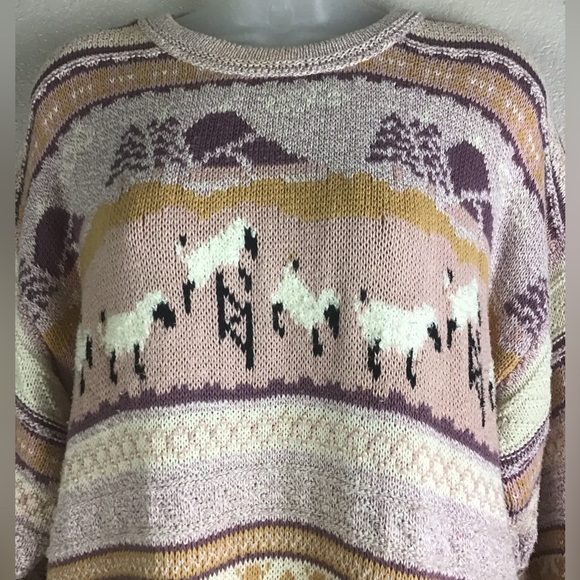 Blarney Vintage Cotton Knit Jumping Sheep Crewneck Sweater Size Large Pink/Gold - Picture 2 of 10